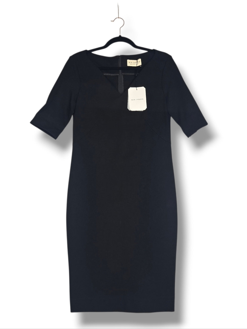 NEW M.M. Lafleur Black Sheath Dress Size 10 Elbow Sleeve Slim Fitted V-neck